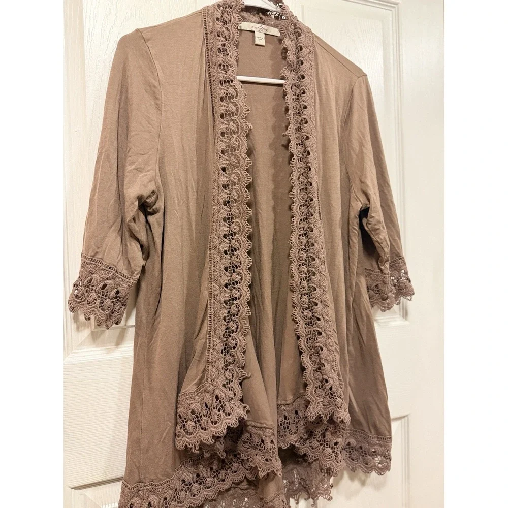 Fever Womens Mocha Brown Crochet Lace‎ Trim Open Front Cardigan 3/4 Sleeve Large